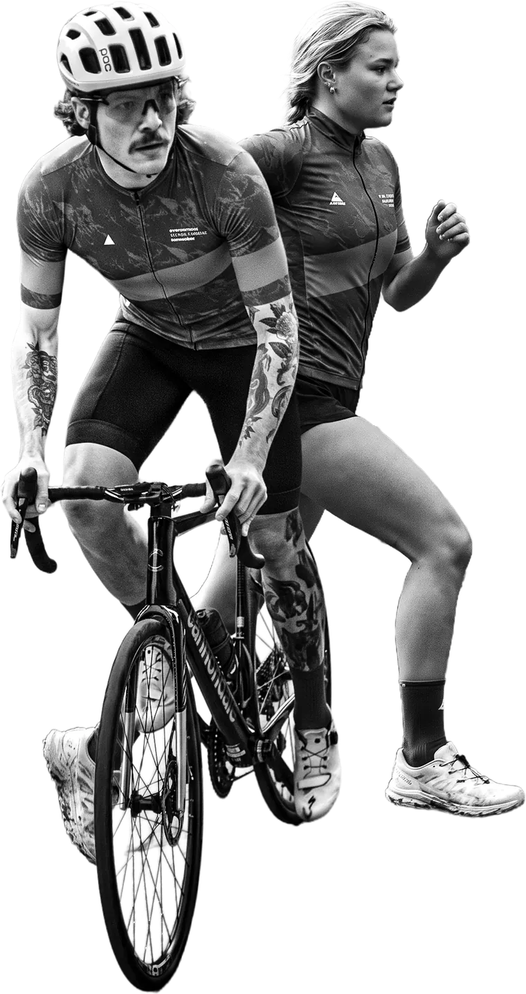 A cyclist and a runner wearing the November finisher kit
